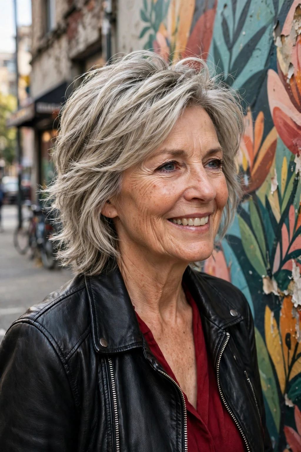 Mature Caucasian woman in her late sixties with a modern layered haircut, wearing a leather jacket on a city street with a mural wall.
