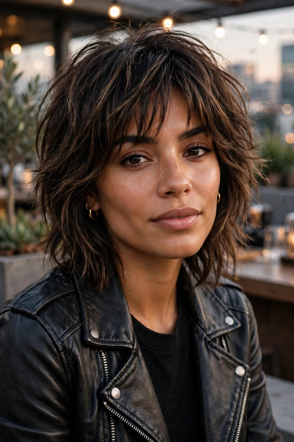 Beautiful woman with modern layered shag, contemporary shaggy layers, stylish light.
