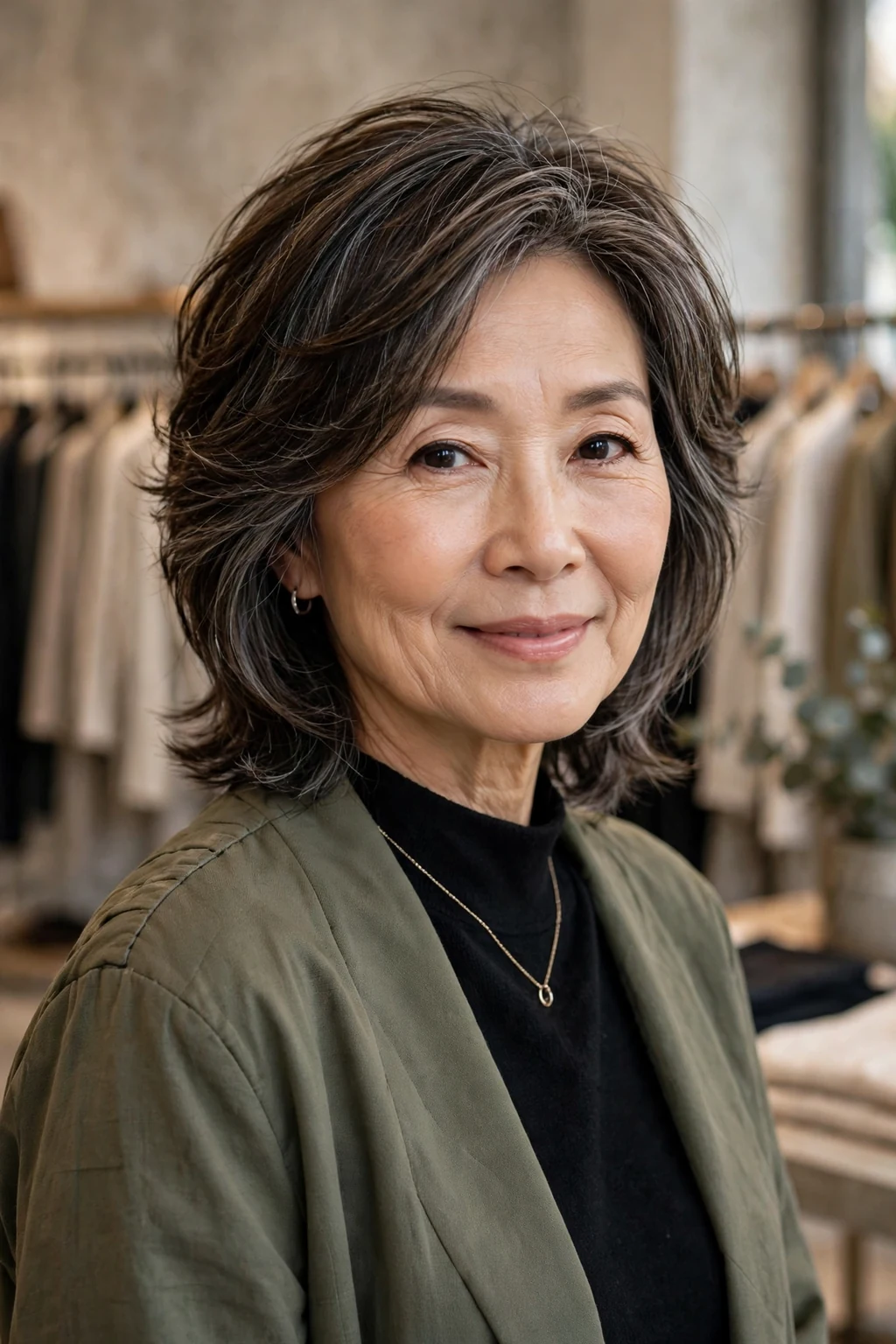 Beautiful older woman with modern layers, contemporary modern layers, fresh light.