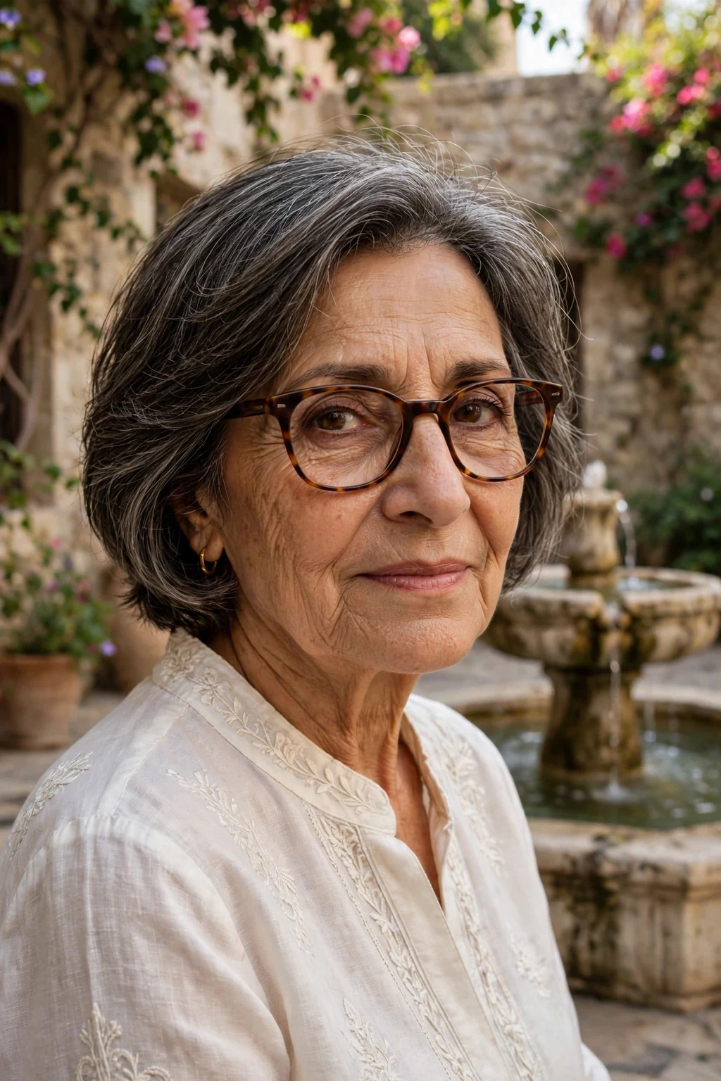 Elegant woman over 60 with fine hair and glasses and modern medium cut, contemporary fresh shape, confident light.