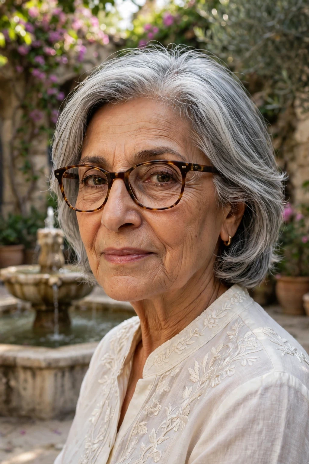 Elegant older woman over 70 with fine hair and glasses and modern medium cut, contemporary fresh shape, confident light.
