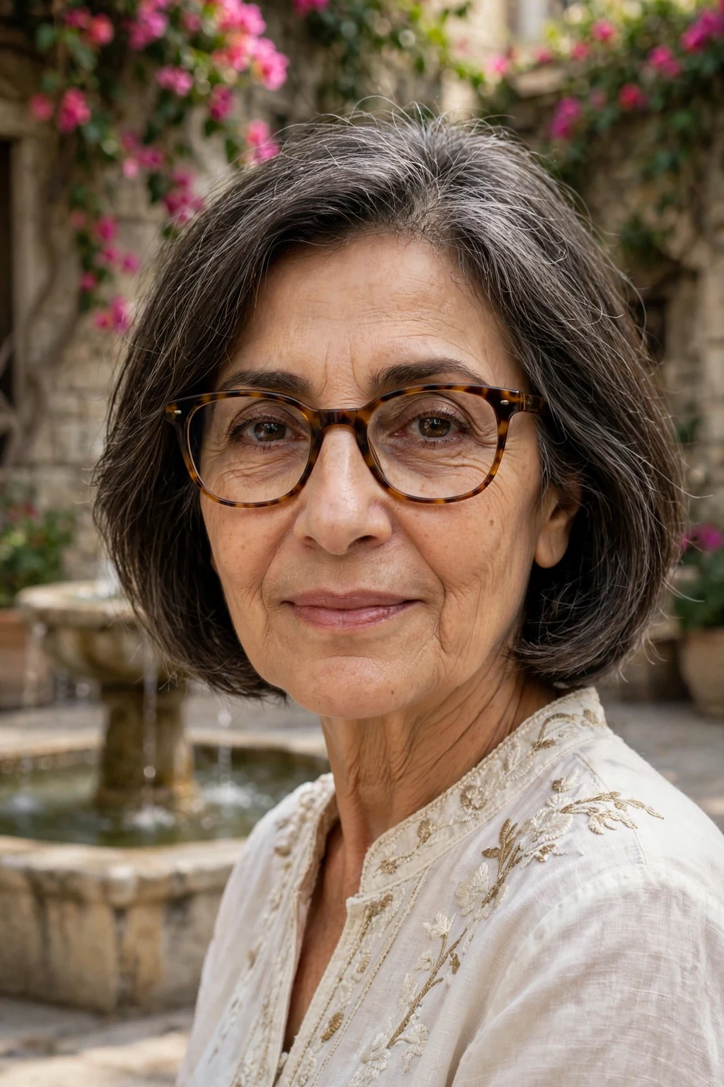 Elegant woman over 60 with fine hair and glasses and modern medium cut, contemporary fresh shape, confident light.