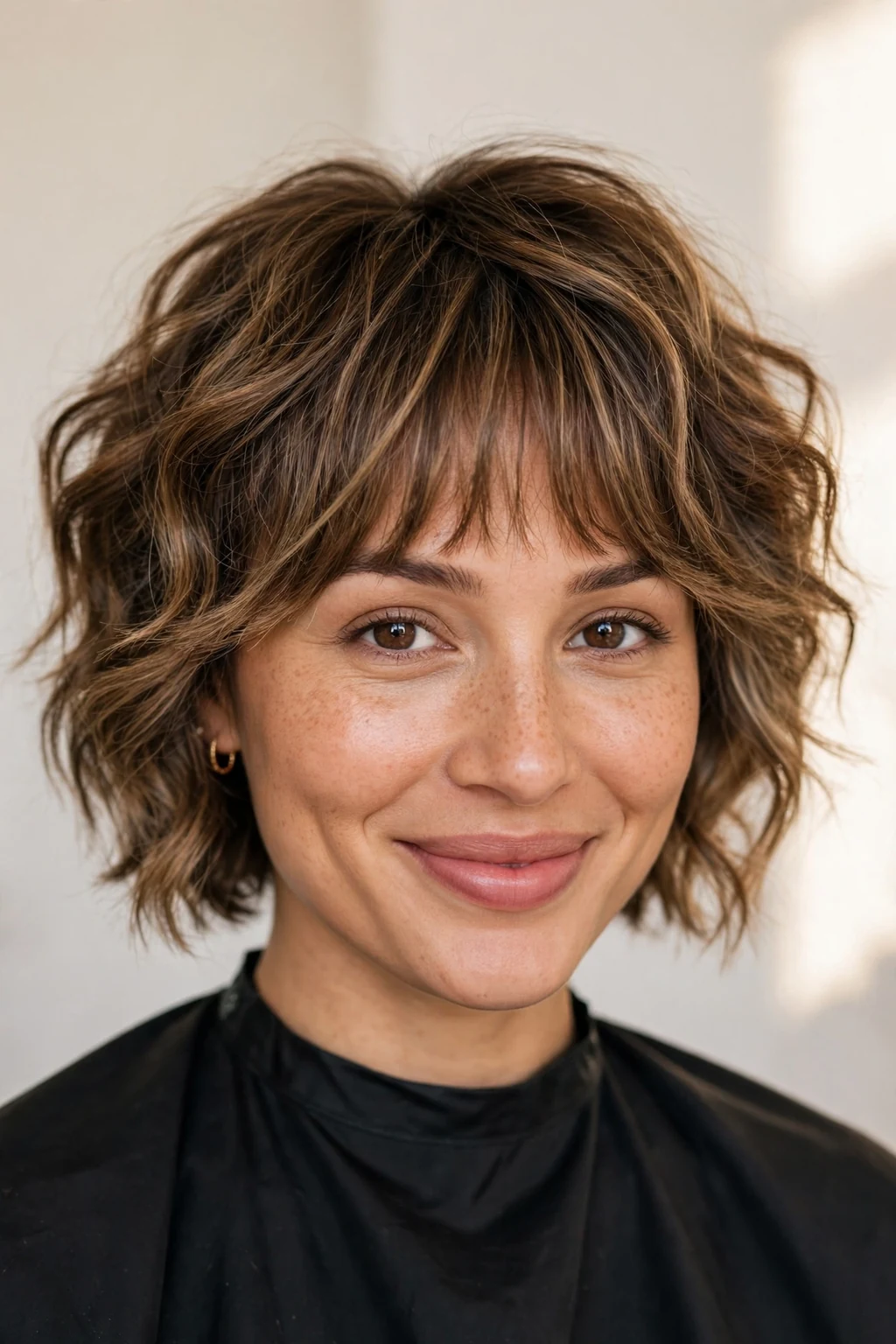 Woman with modern mixie bob and bangs, trendy hybrid cut with fringe, playful light.