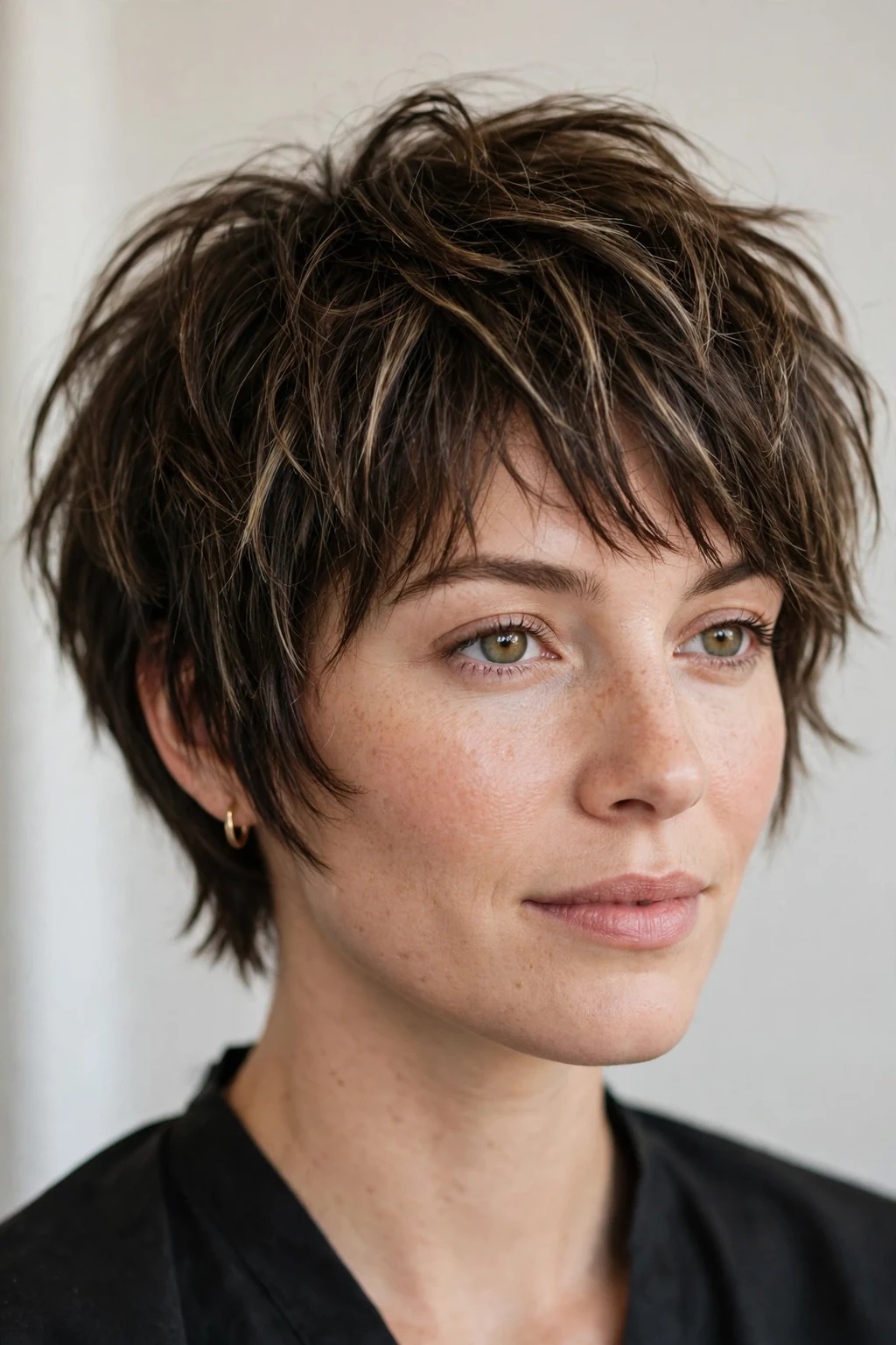 Woman with modern mixie pixie bob, trendy hybrid cut, playful artistic light.