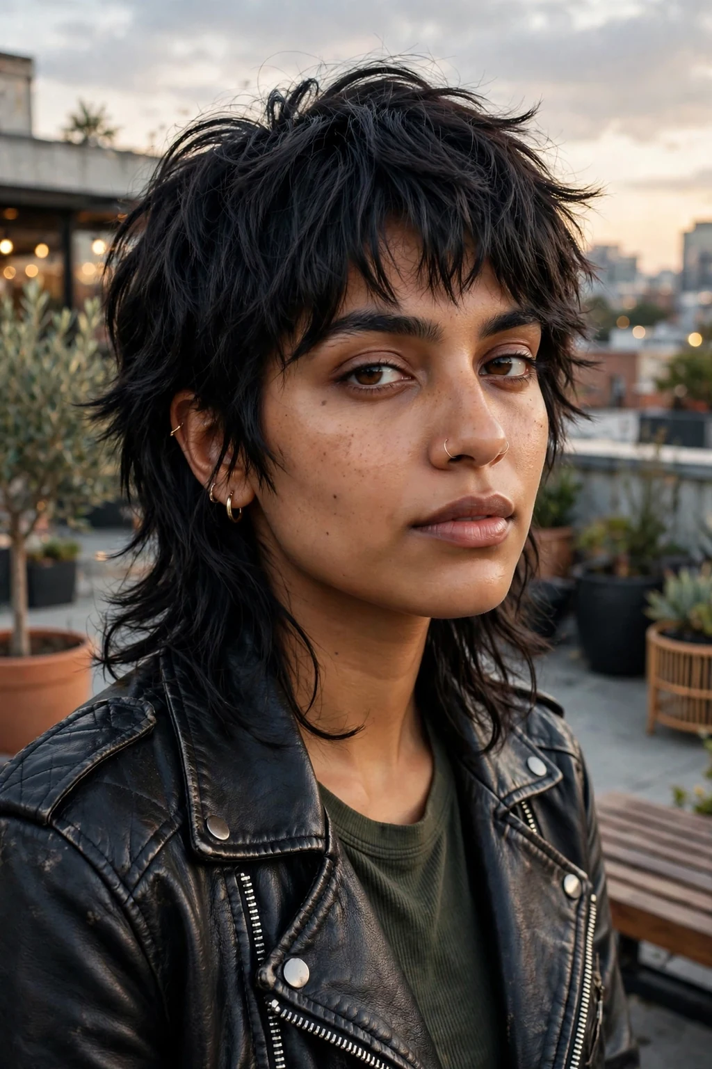 Beautiful woman with modern mullet shag, contemporary mullet shag, edgy light.