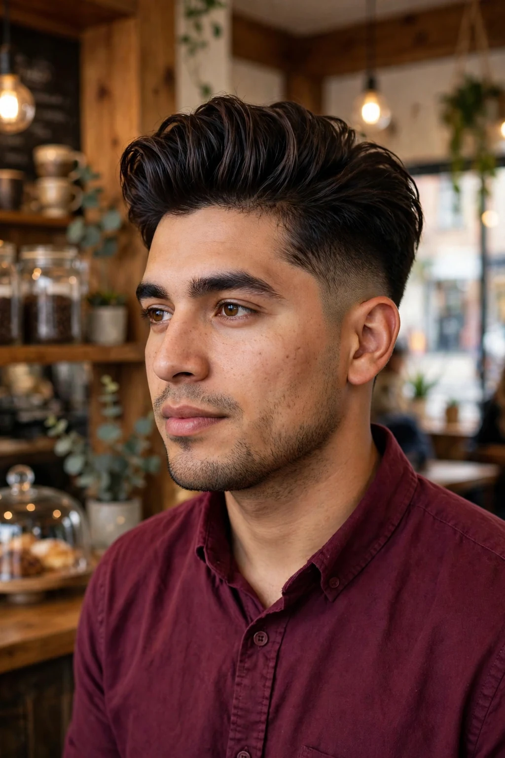 Young man with a modern pompadour for thick hair, wearing a burgundy shirt in a coffee shop.