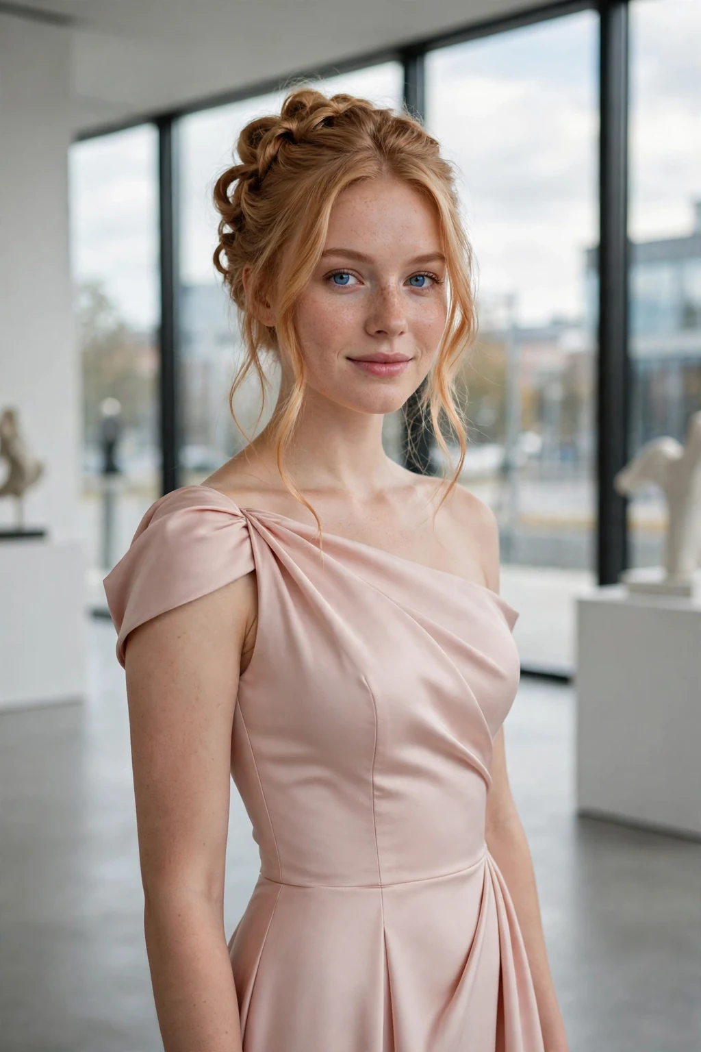 Young woman with a modern princess textured updo with loose pieces, wearing a modern blush gown.