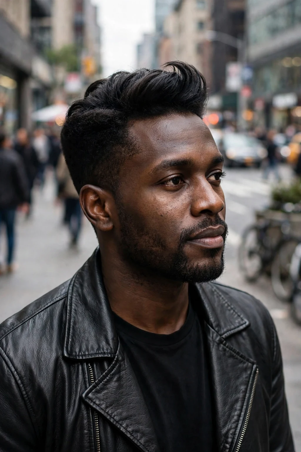 Man in his early 30s with a modern quiff haircut, wearing a black leather jacket on a city street.