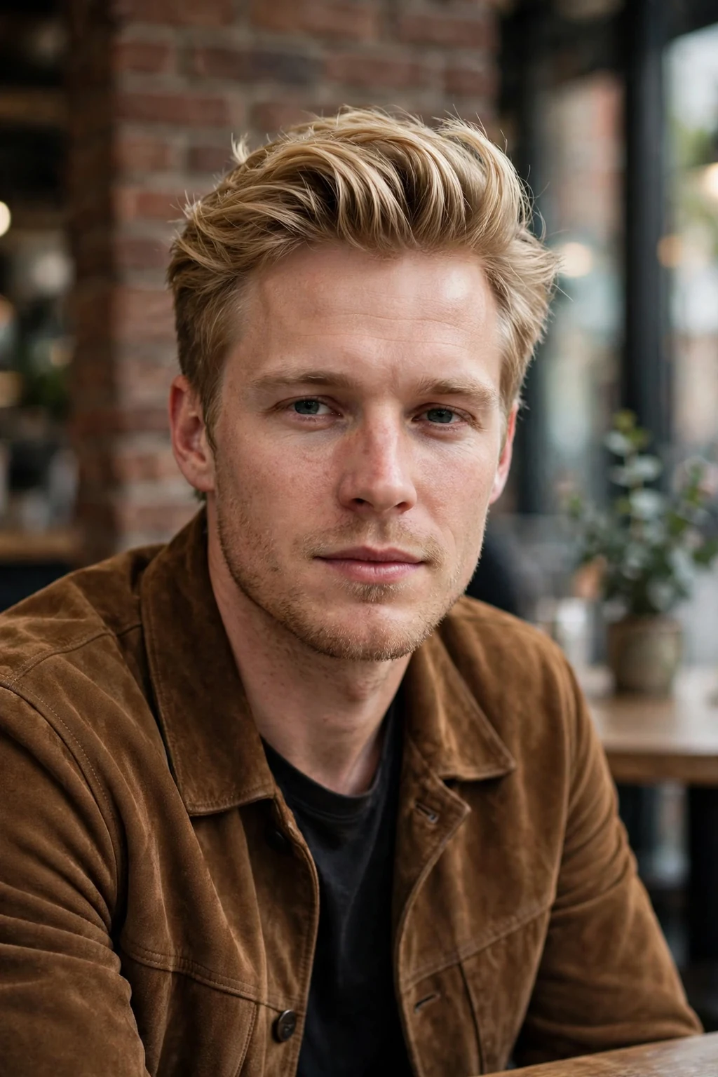 A man with a modern quiff wearing a brown suede jacket in a city cafe.