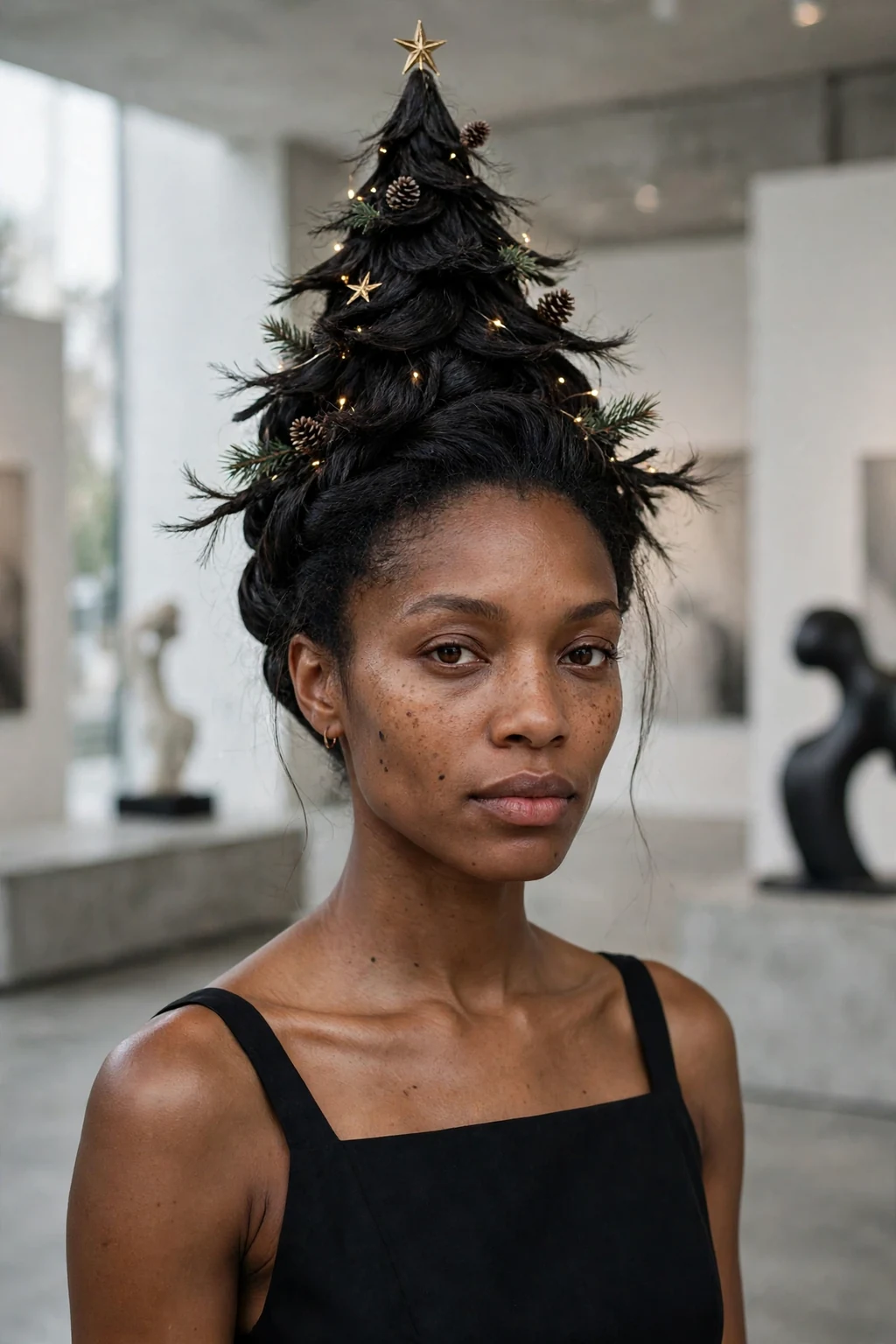 Young woman with modern sculpted tree updo hairstyle, festive holiday look.