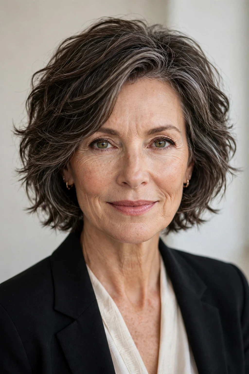 Elegant woman over 50 with modern textured lob, contemporary chic cut, confident light.