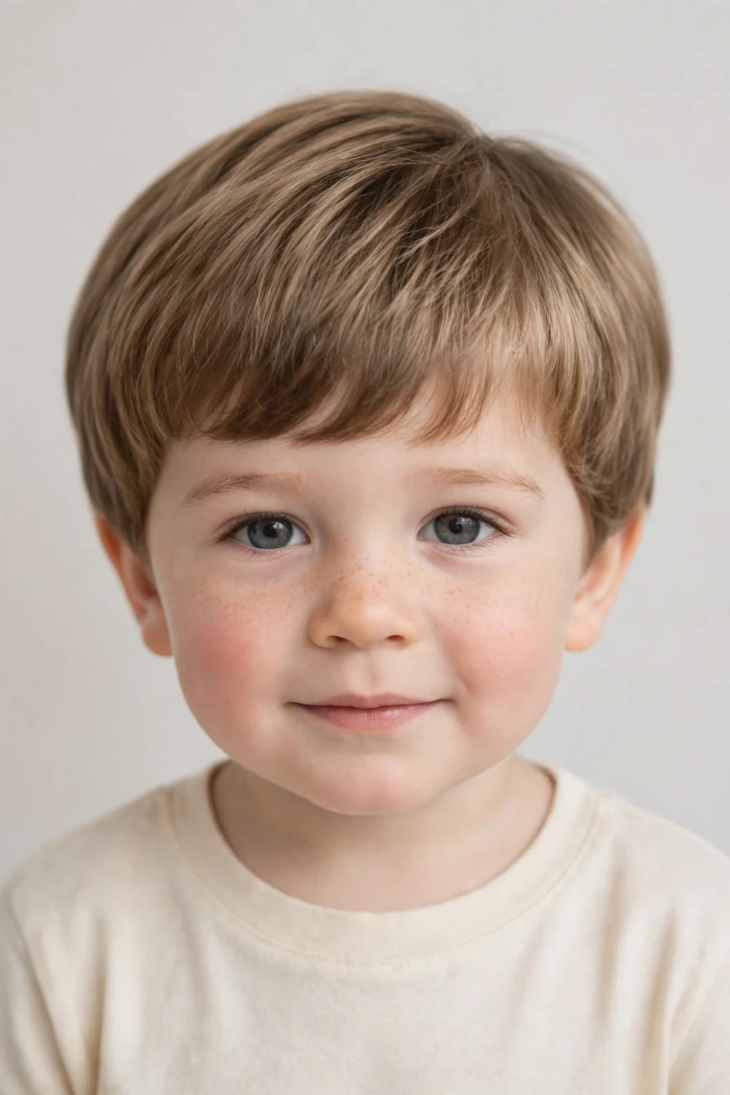 Cute toddler boy with a modern rounded bowl cut, smooth even shape, soft studio lighting.