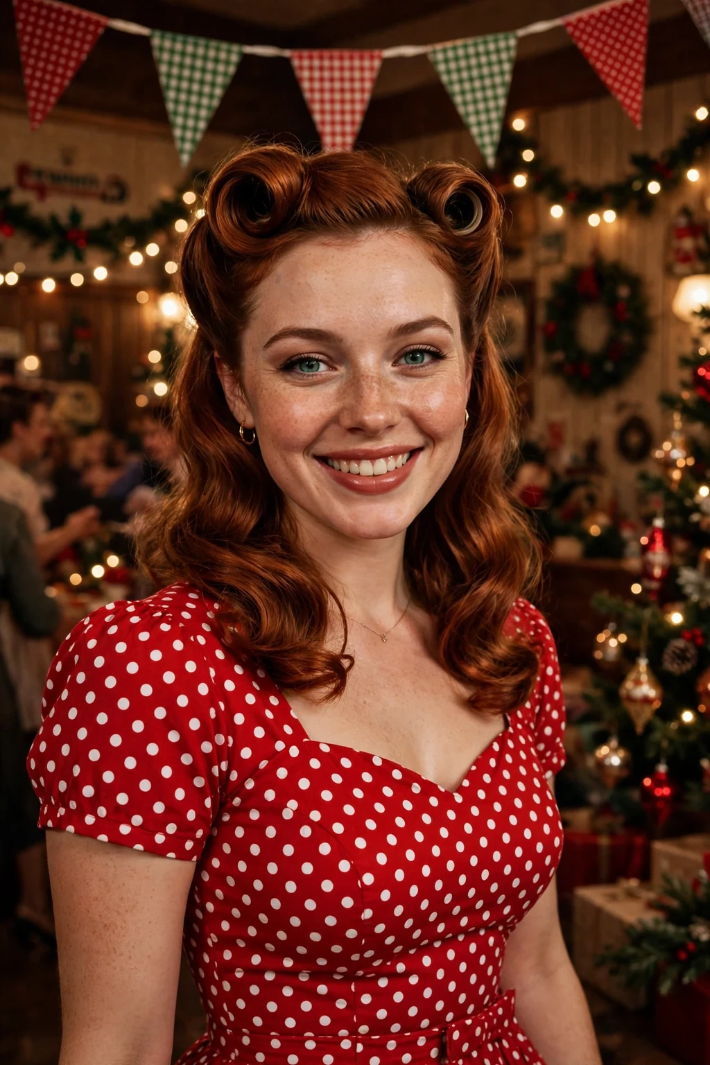 Young woman with modern retro victory rolls hairstyle, wearing a red polka dot dress.