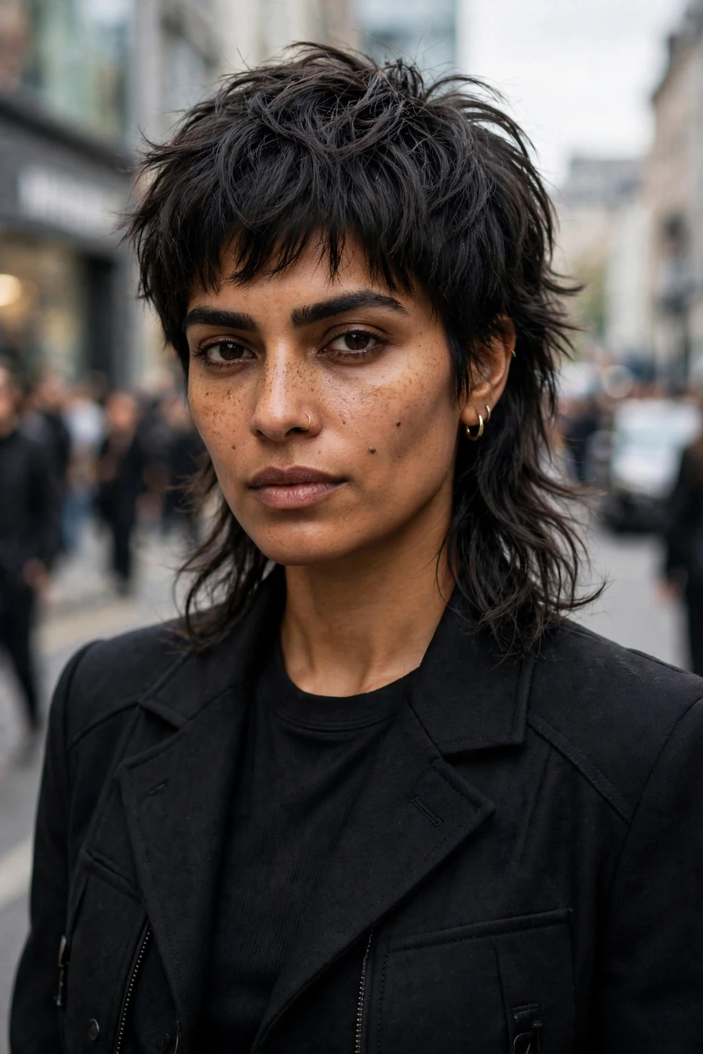 Beautiful woman with modern wolf mullet, contemporary wolf mullet, edgy light.