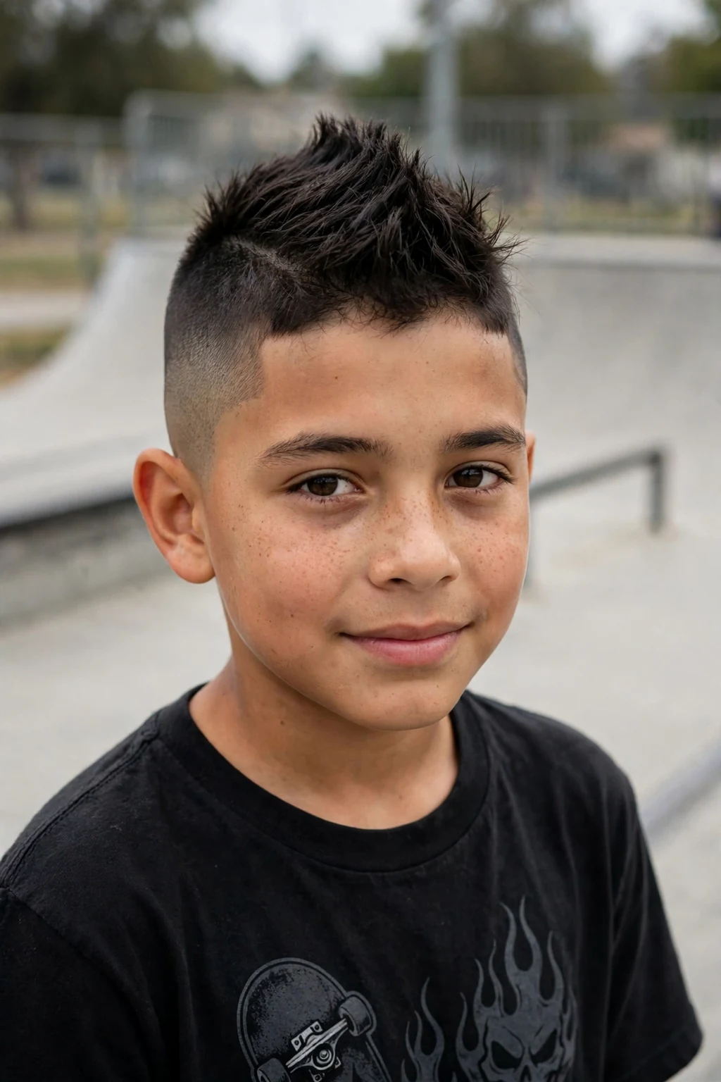 A boy with a mohawk fade haircut, a strip of longer hair down the center with faded sides, at a skate ramp wearing a black graphic T-shirt.