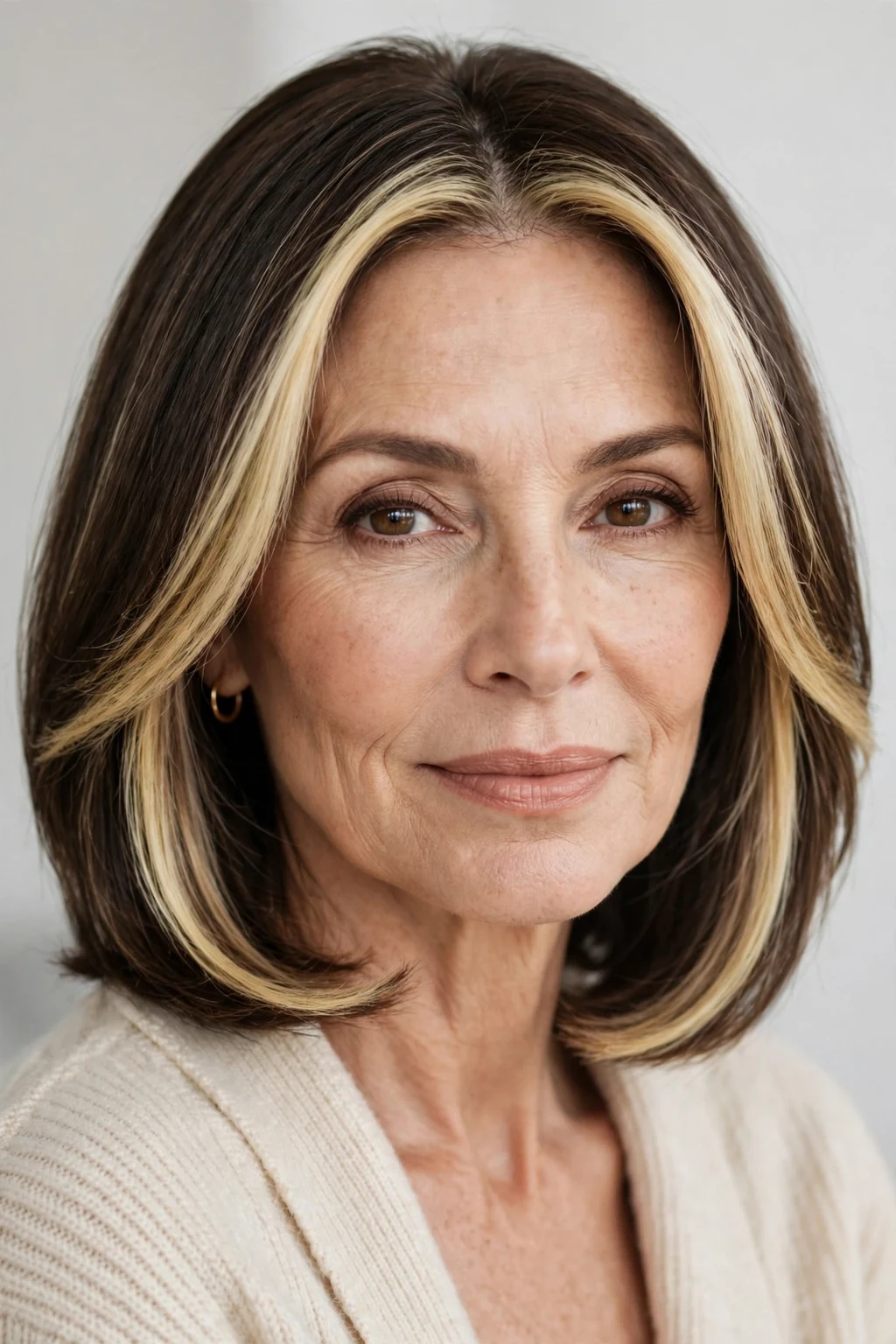Elegant older woman with money piece shoulder cut, bright face-framing color, radiant light.