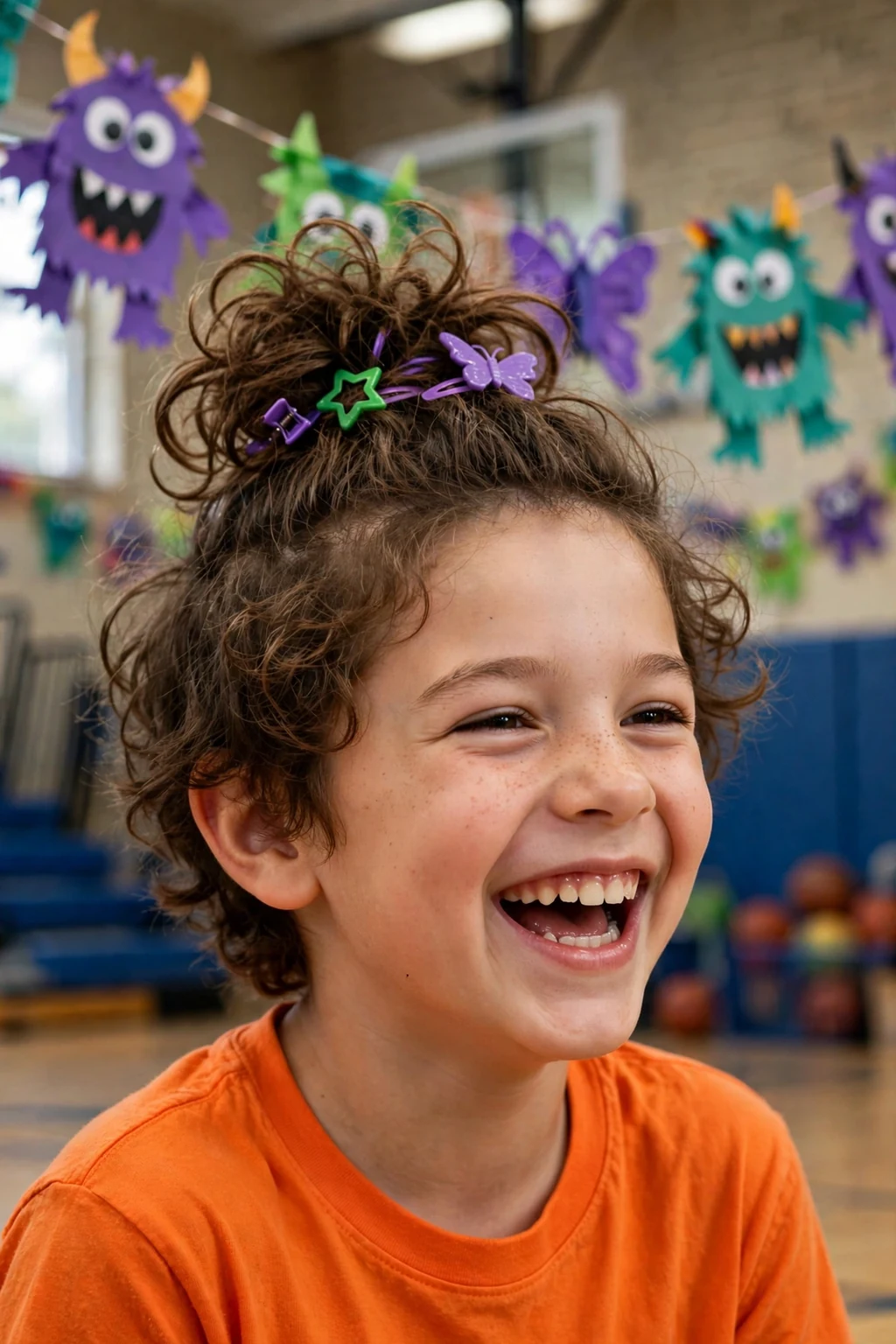 A boy with a messy textured bun with green and purple clips, in a school gym with monster decorations.