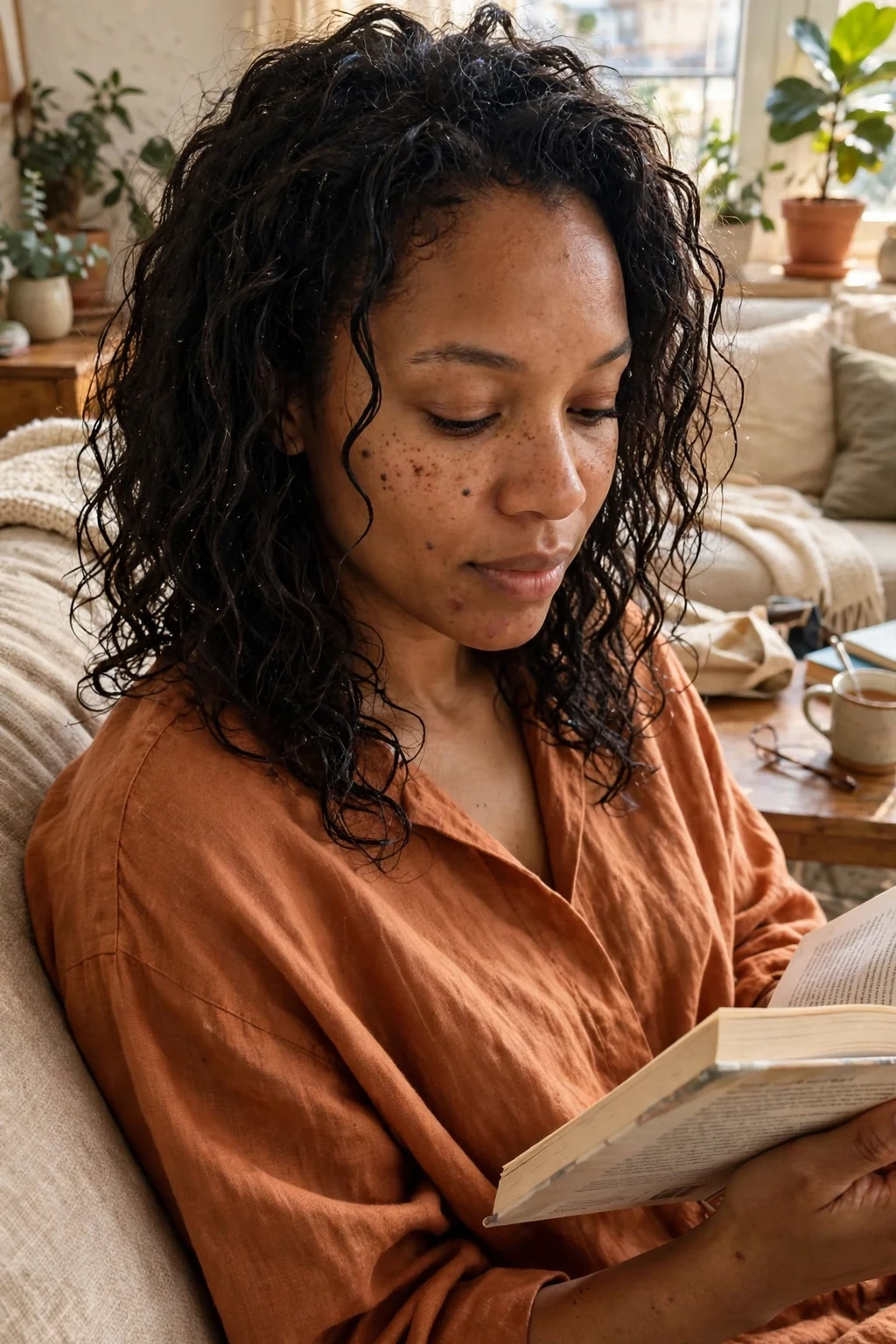 A young Black woman with shoulder-length natural curls letting her hair air-dry naturally while reading a book in a sunny apartment living room.