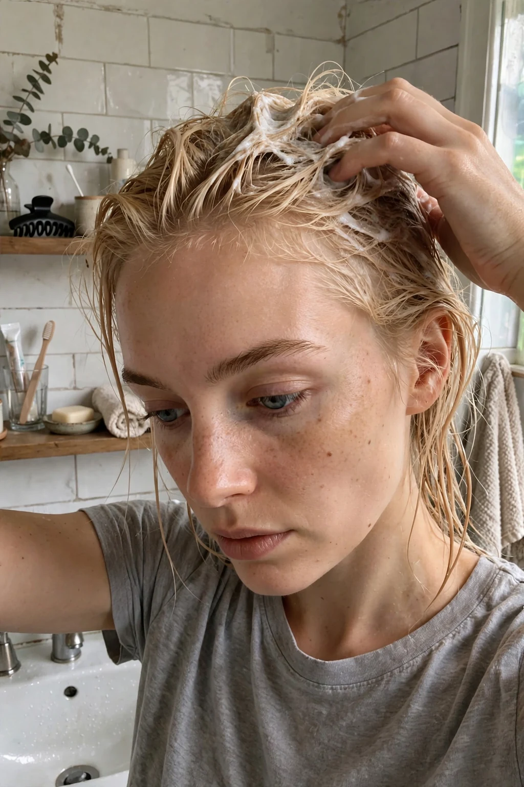 A young woman applying a protein hair treatment mask to her damp hair in a bathroom.