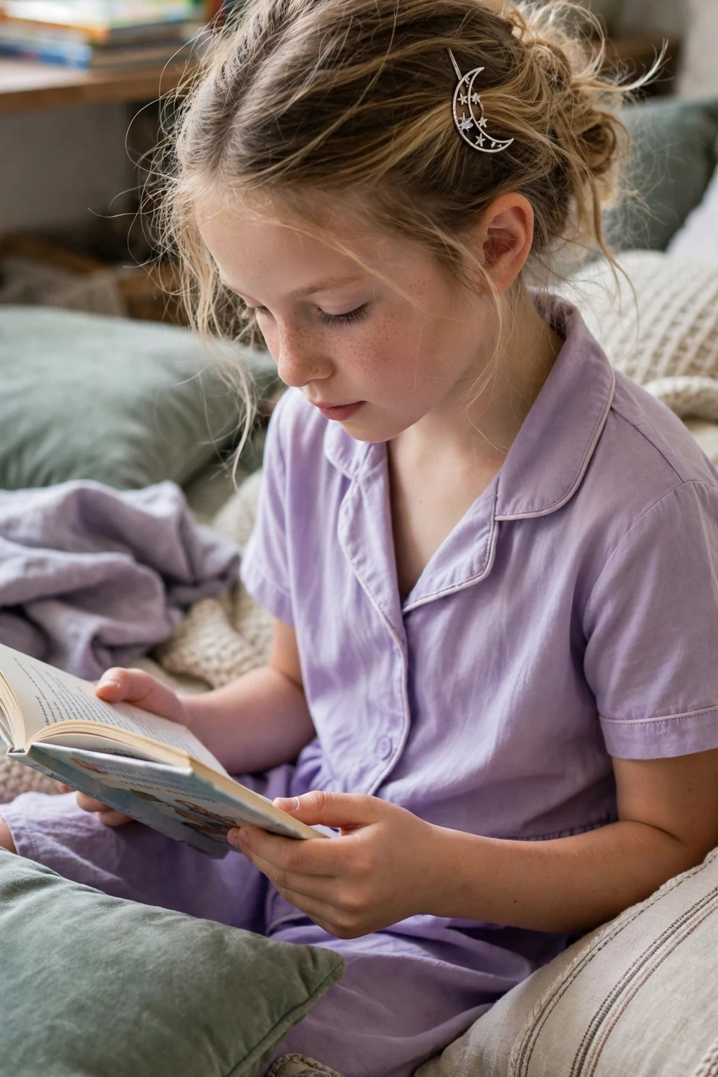 A young girl with a soft loose French twist and a moon hairpin at a bedtime story party.