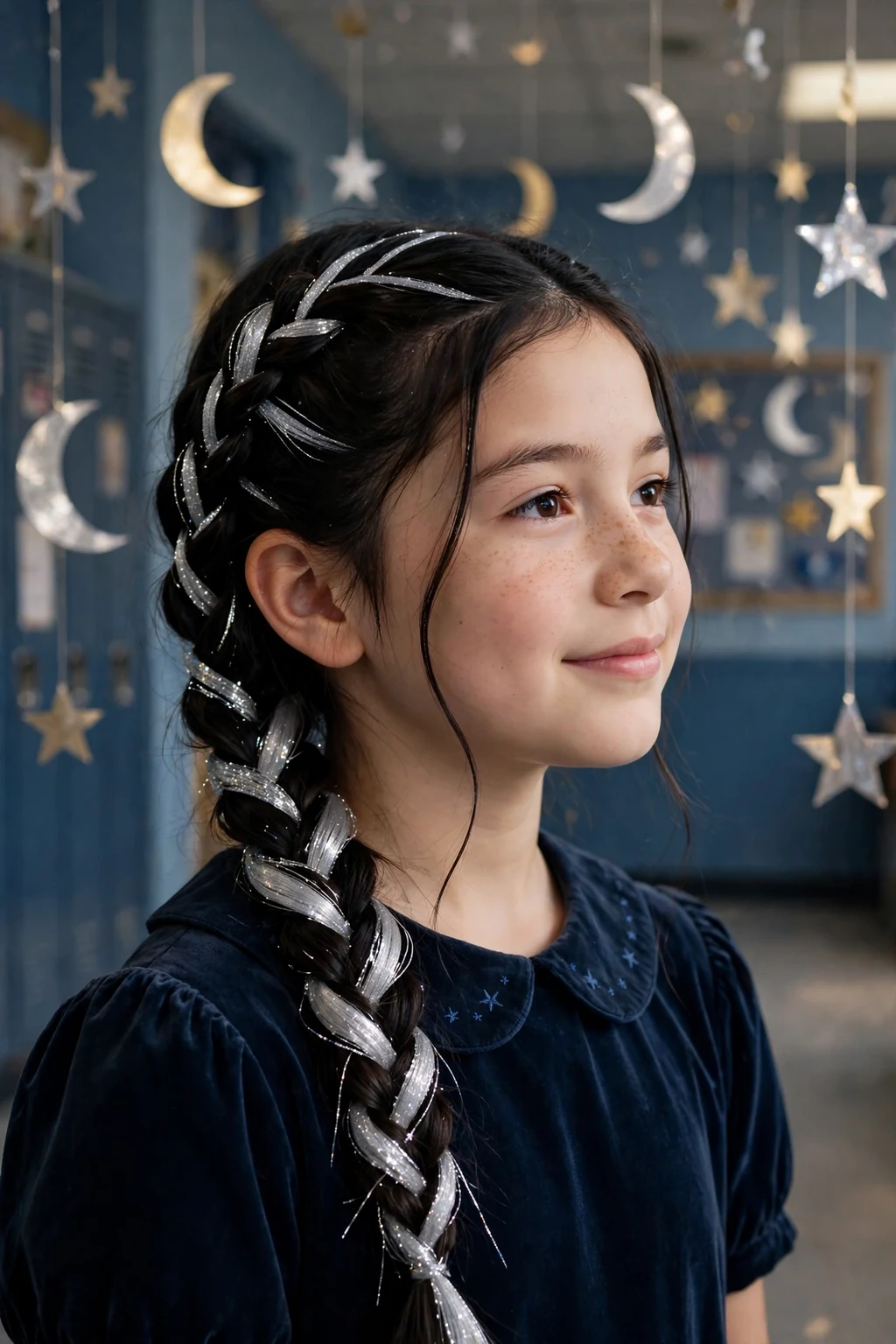 A girl with a side braid with silver clip-in streaks, in a school hallway with moon decorations.
