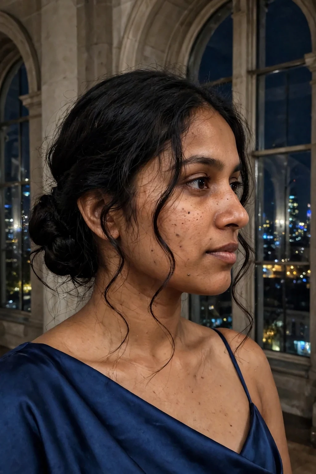 Young South Asian woman with a moonlit ballroom chignon in a low polished knot, wearing a deep sapphire blue gown beside arched windows at night.