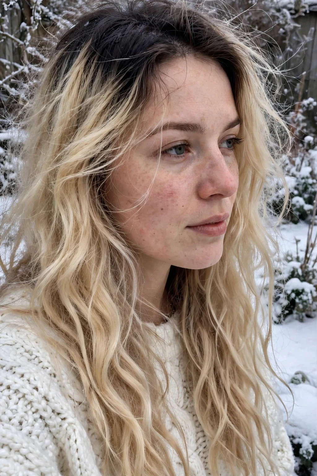 Young woman with moonlit blonde witch waves and dark roots in a snowy garden wearing a white knit sweater.