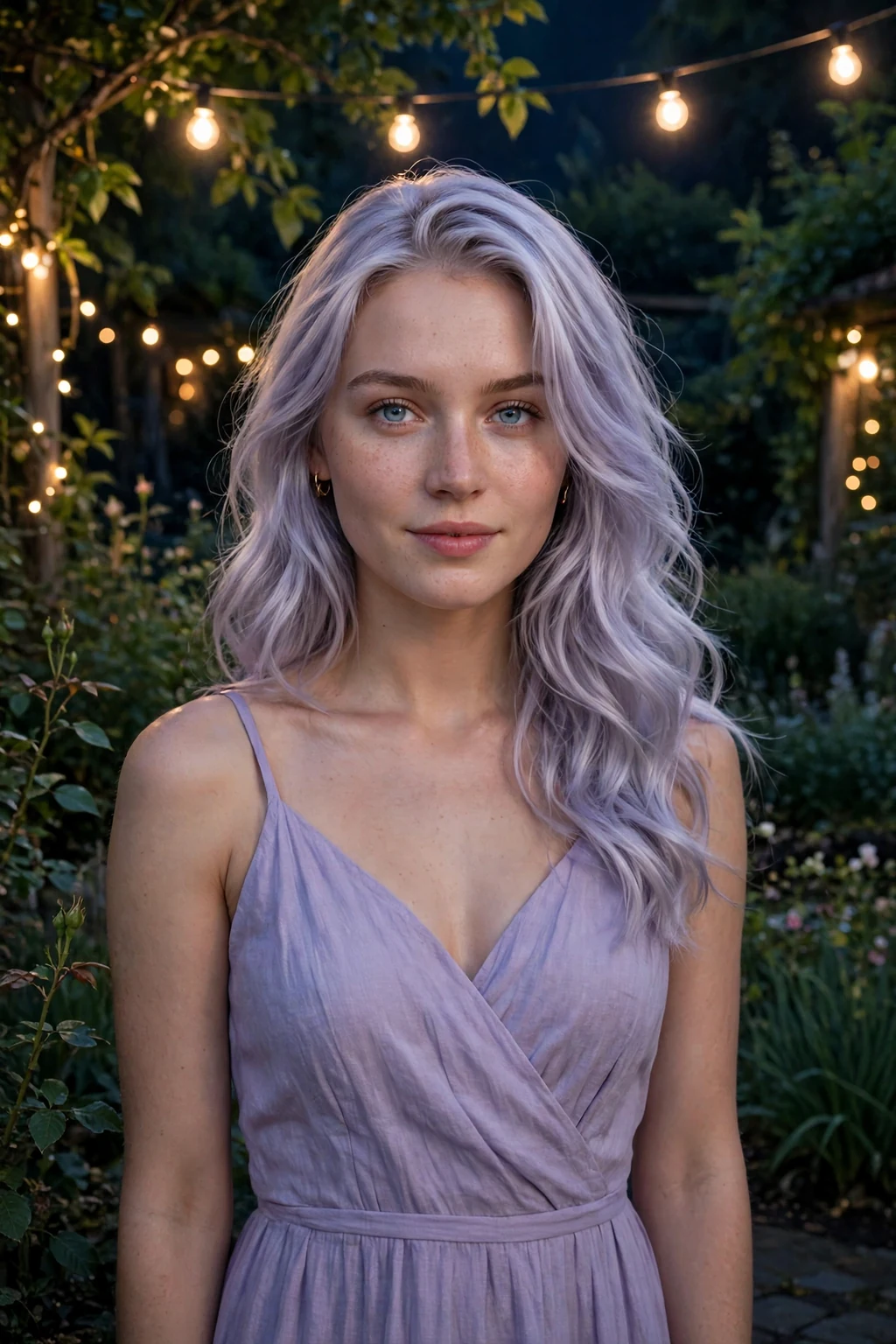 Young woman with moonlit silver lavender hair in soft waves and a lilac dress under string lights.