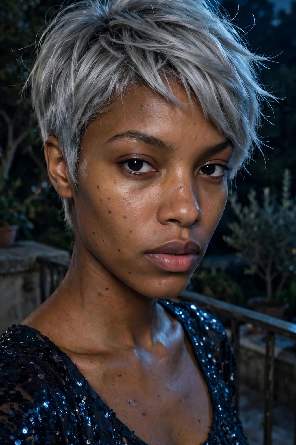 Young Black woman with a moonlit silver pixie cut at a Halloween party.