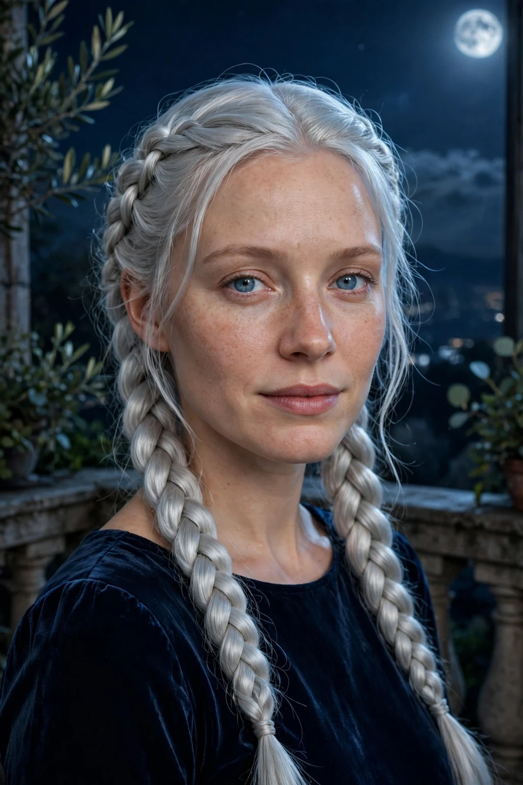 Young woman with moonlit silver rope braids twisted in a luminous silver shade.