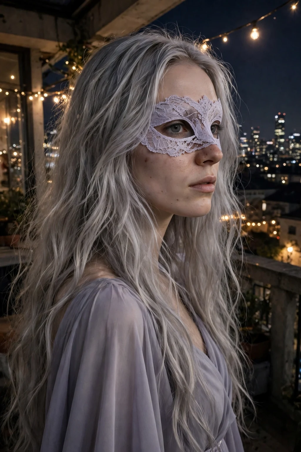 Young woman with flowing silver balayage waves and a pale lavender masquerade mask on a moonlit balcony.