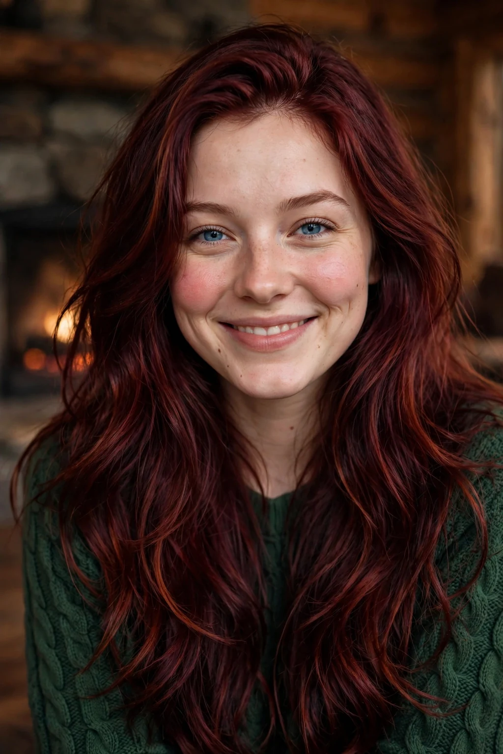 Young Caucasian woman in her mid-20s with long mulled-wine layered hair with burgundy tones, in a cozy cabin wearing a forest-green cable-knit sweater.