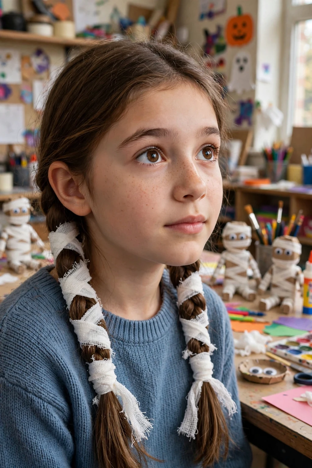 A girl with braids wrapped in white gauze-like ribbon, standing in a school art room with mummy crafts.