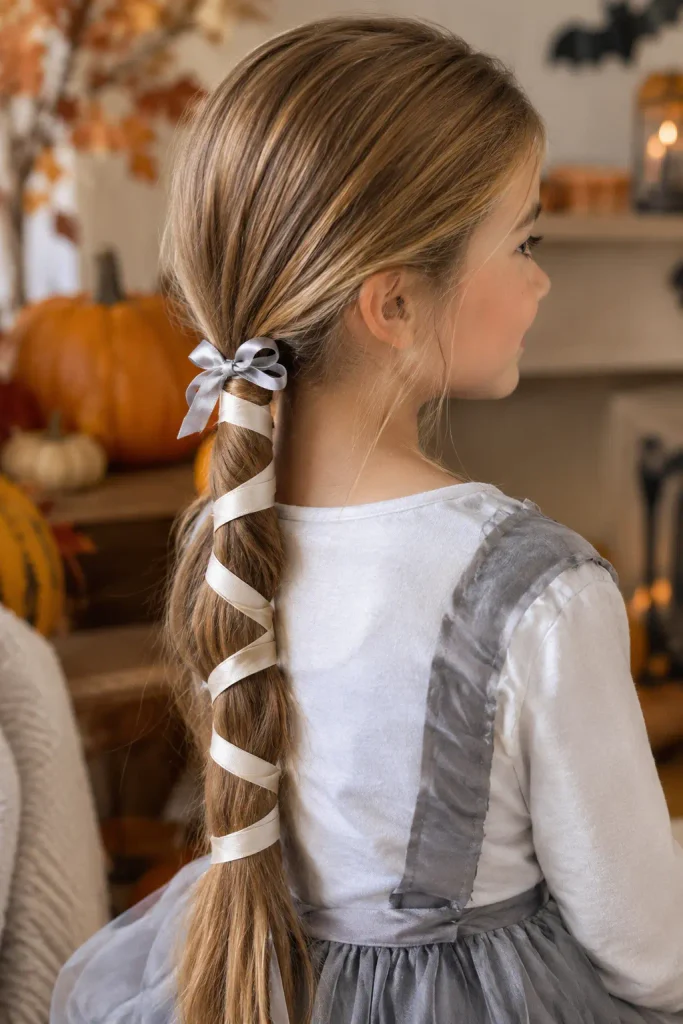 Mummy-inspired wrapped ponytail Halloween hairstyle for kids