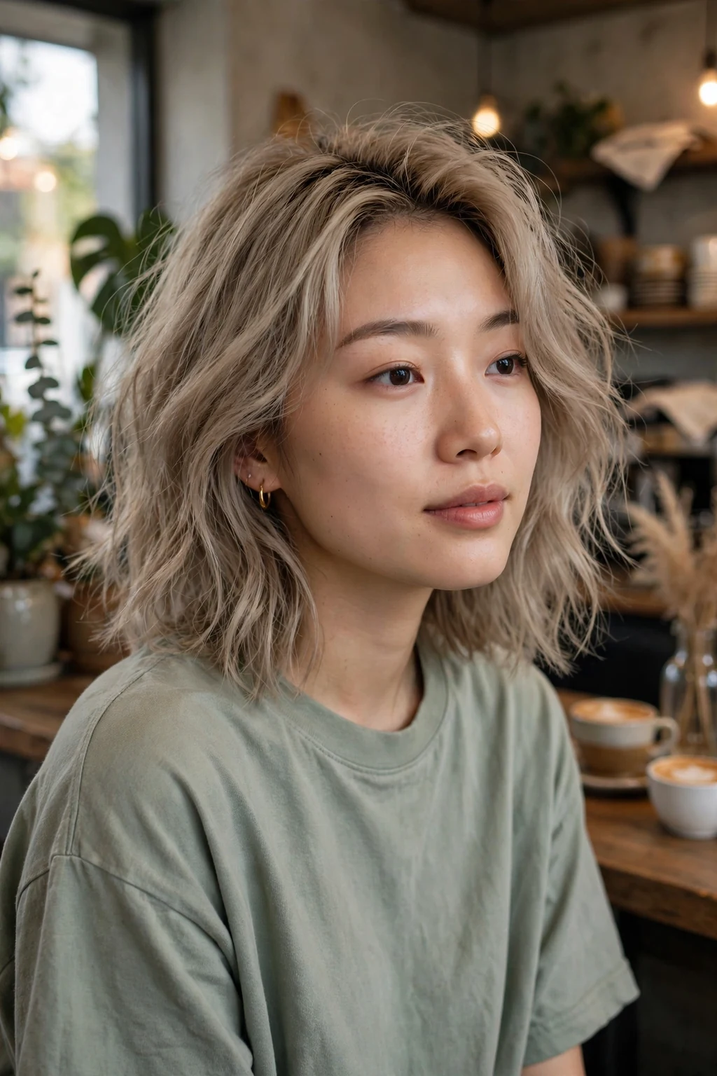 Beautiful woman with mushroom blonde, cool mushroom blonde, trendy light.
