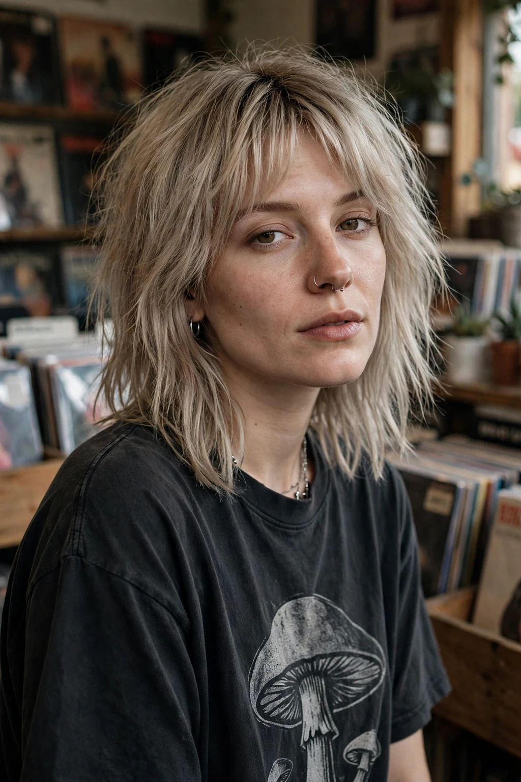 Beautiful woman with mushroom blonde, cool mushroom blonde tones, trendy light.