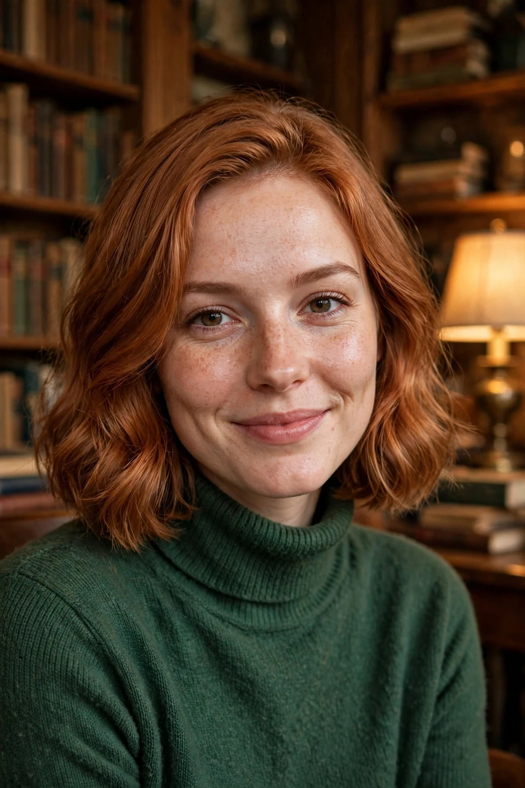 Young Caucasian woman in her late 20s with a shoulder-length copper-gloss bob, wearing a forest-green turtleneck in a cozy old library.