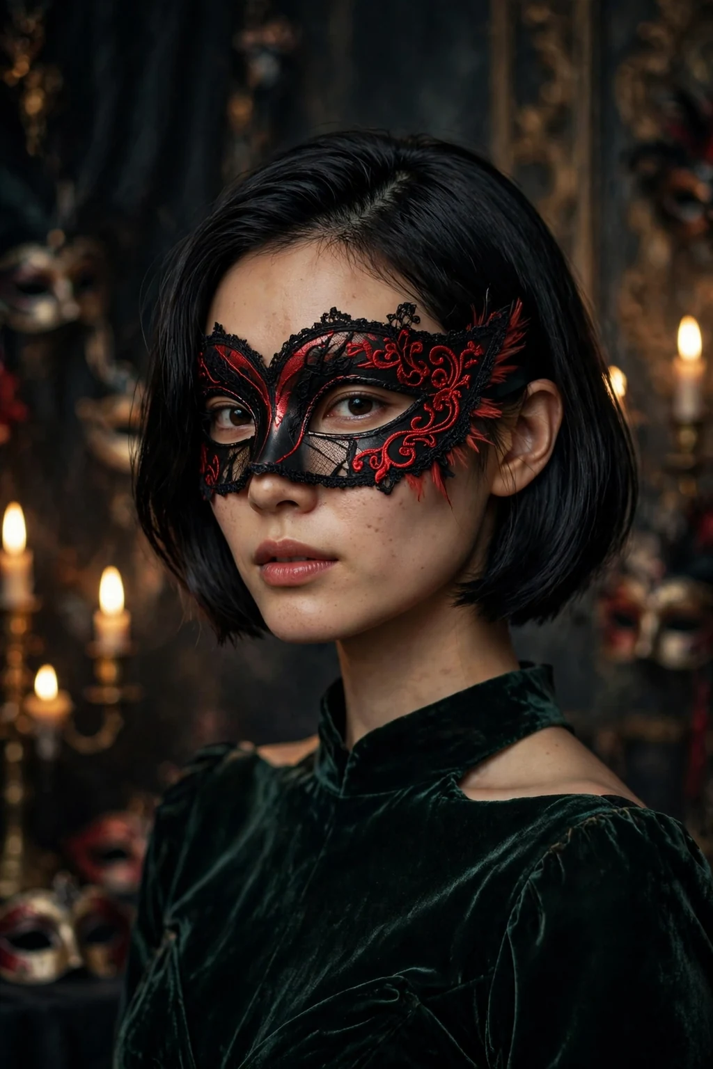 Young woman with a mysterious deep side part bob and a masquerade mask.