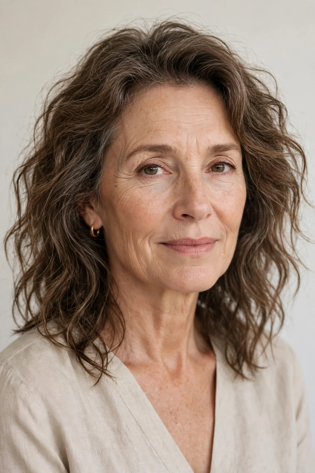 Elegant woman over 50 with natural air-dried texture, authentic relaxed waves, fresh light.