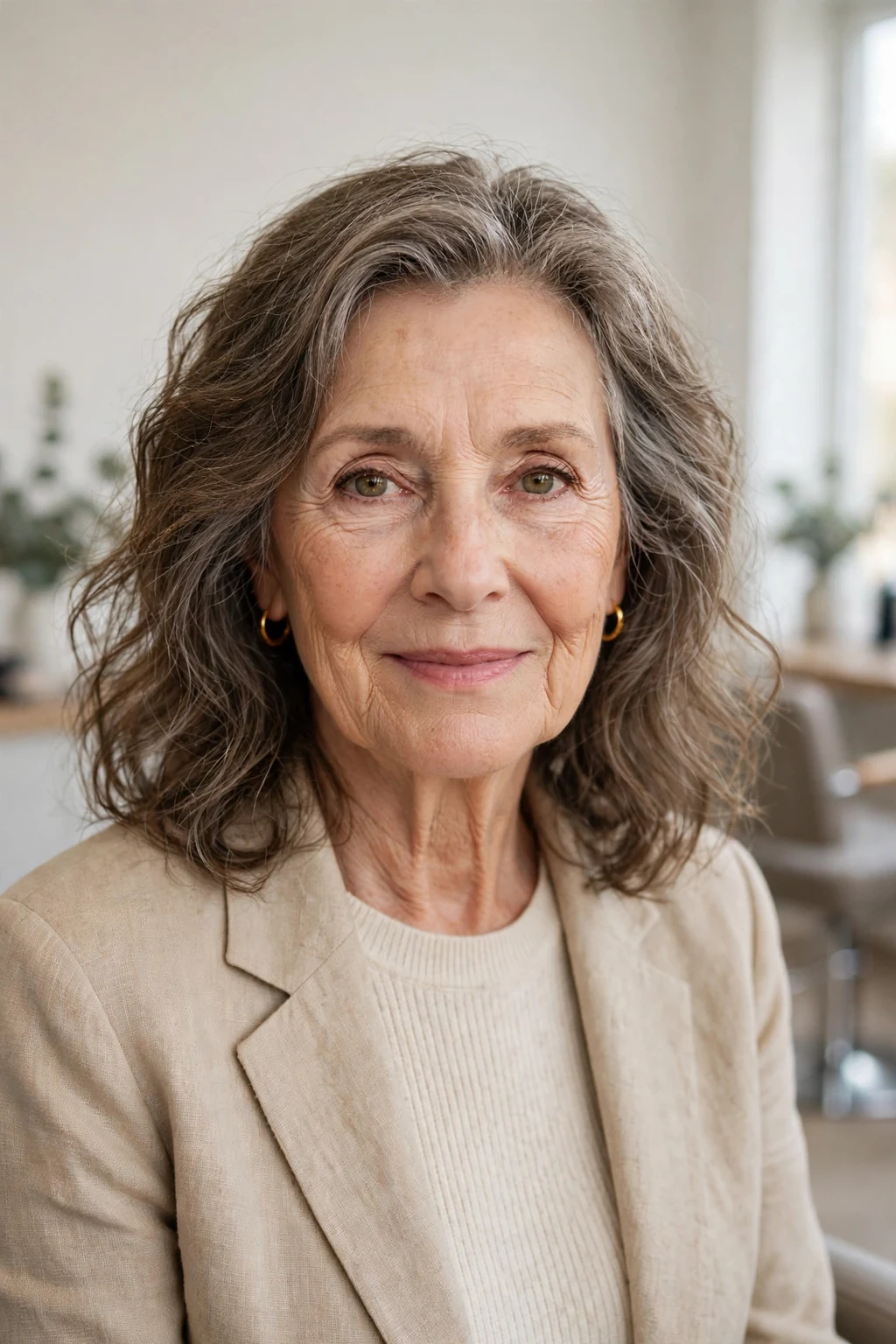 Elegant woman over 60 with natural air-dried texture, authentic relaxed waves, fresh light.