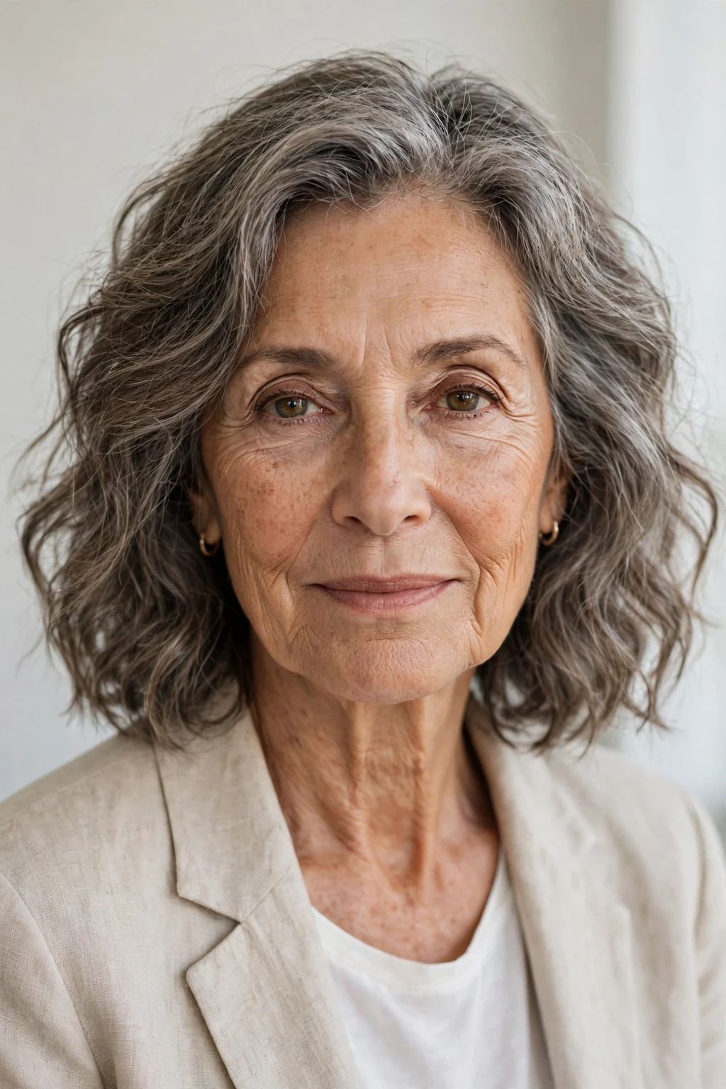 Elegant woman over 70 with natural air-dried texture, authentic relaxed waves, fresh light.