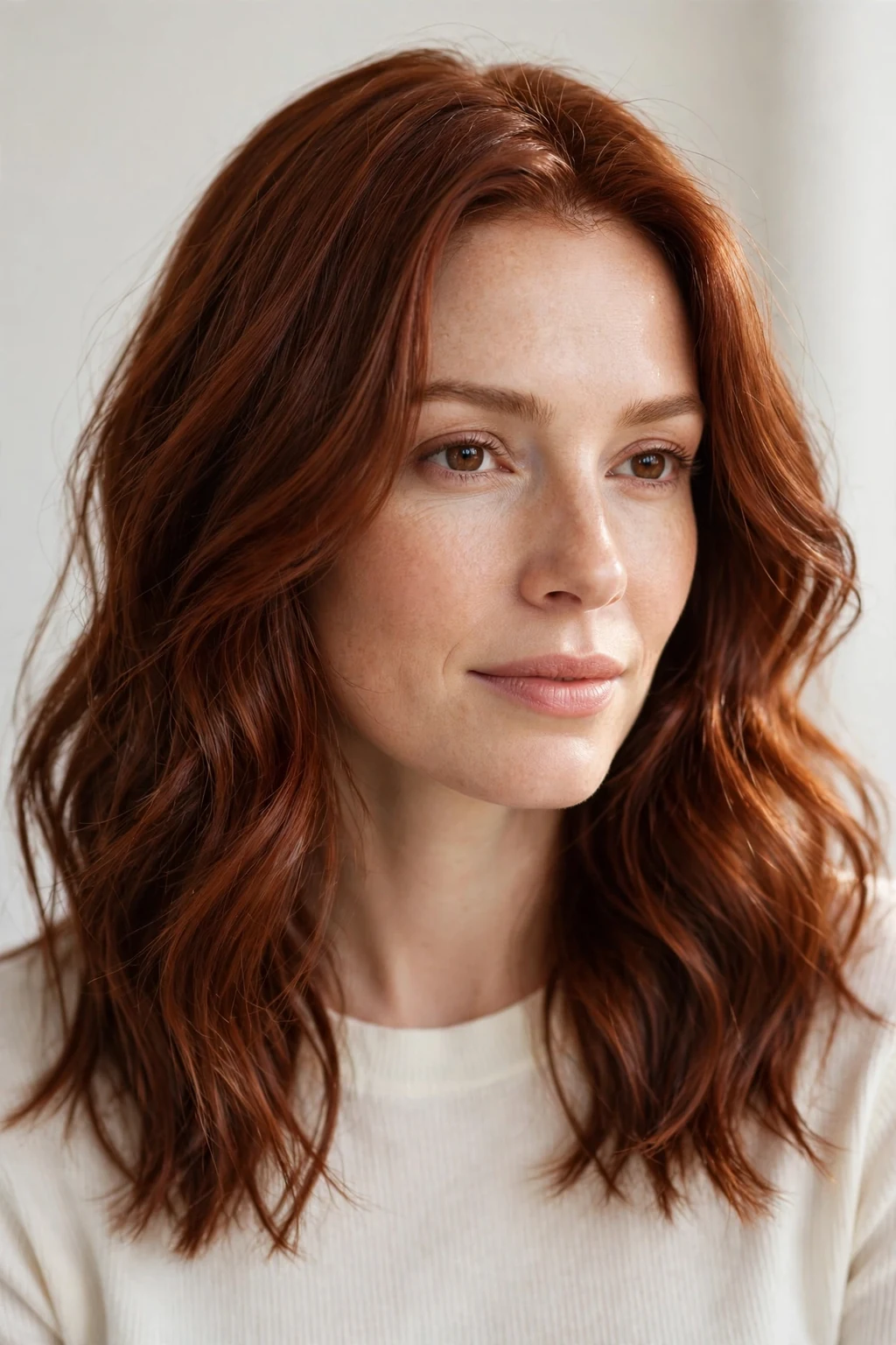 Woman with natural auburn shine, healthy glossy red-brown hair, luminous light.