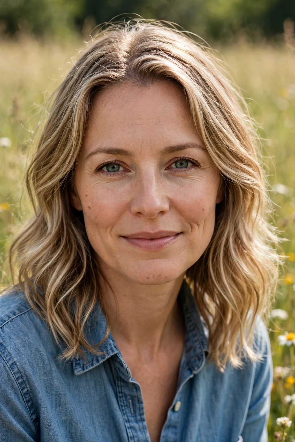 Beautiful woman with natural blonde highlights, subtle natural blonde highlights, bright light.