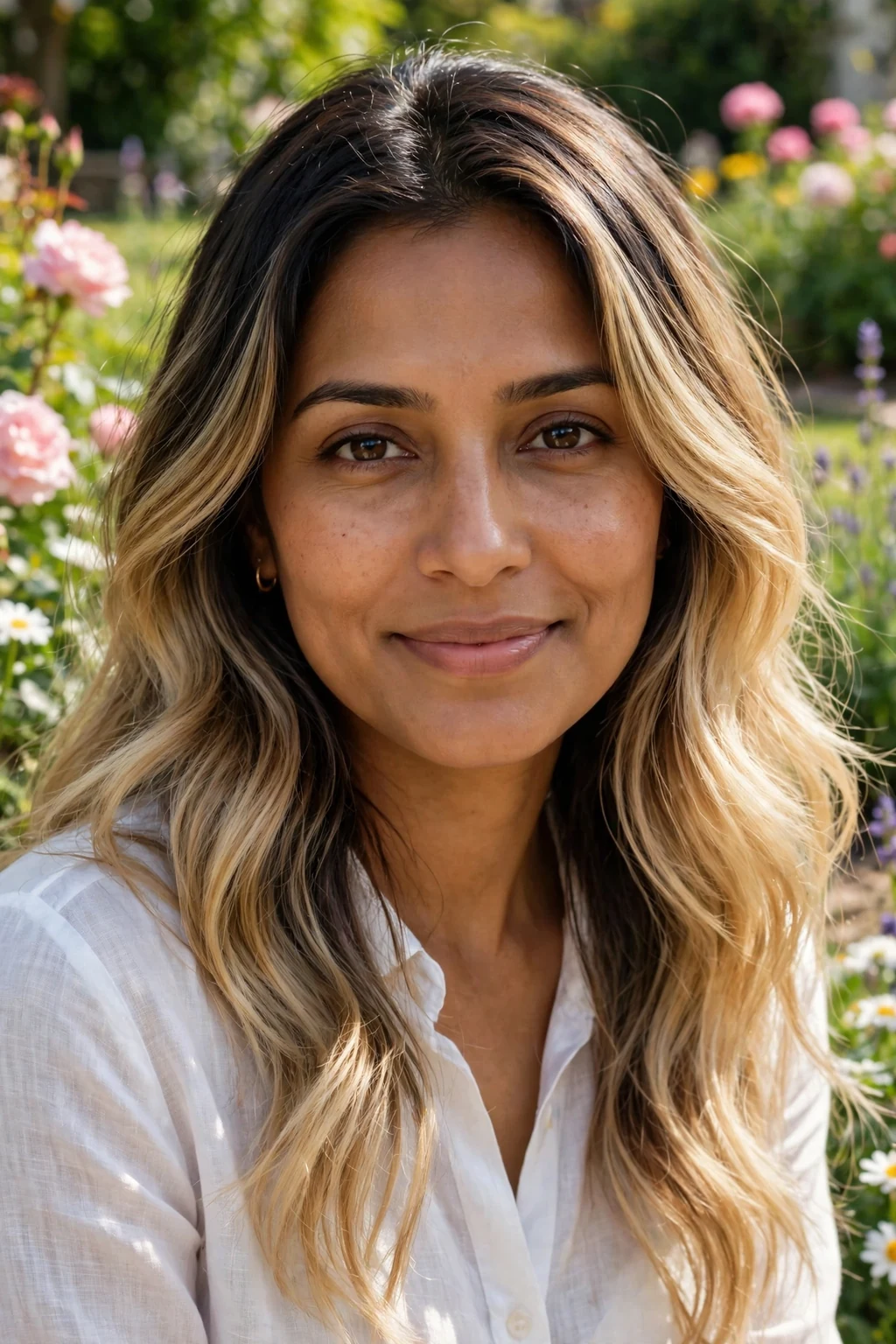 Beautiful woman with natural blonde melt, seamless dark to blonde melt, natural light.