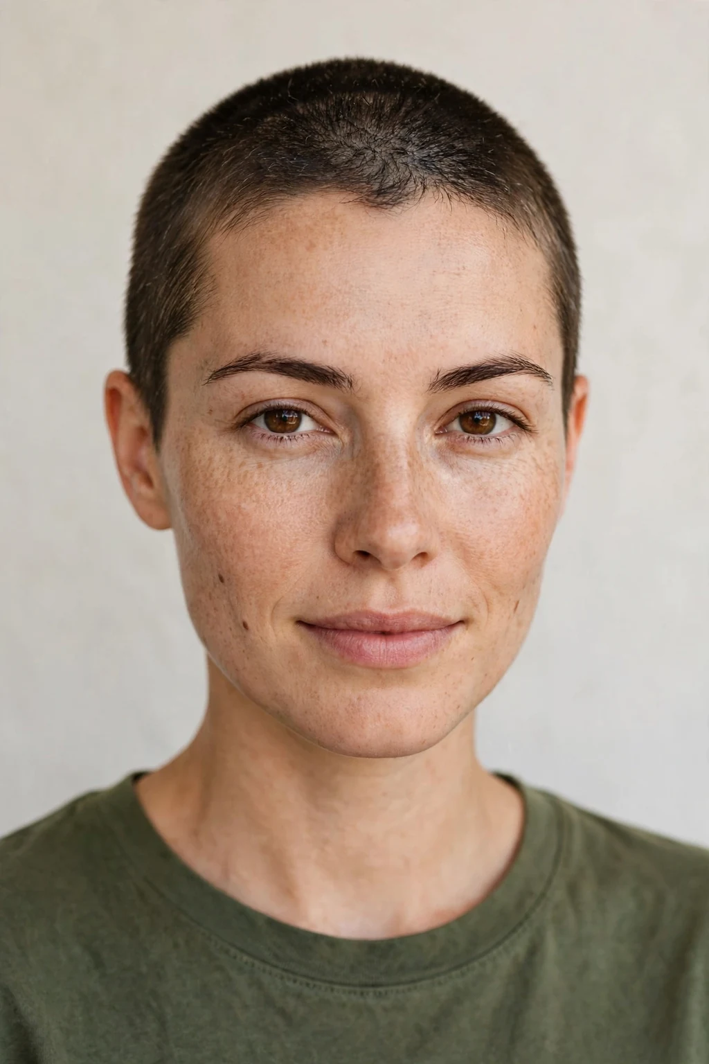 Woman with natural buzz cut, healthy natural texture, fresh authentic light.
