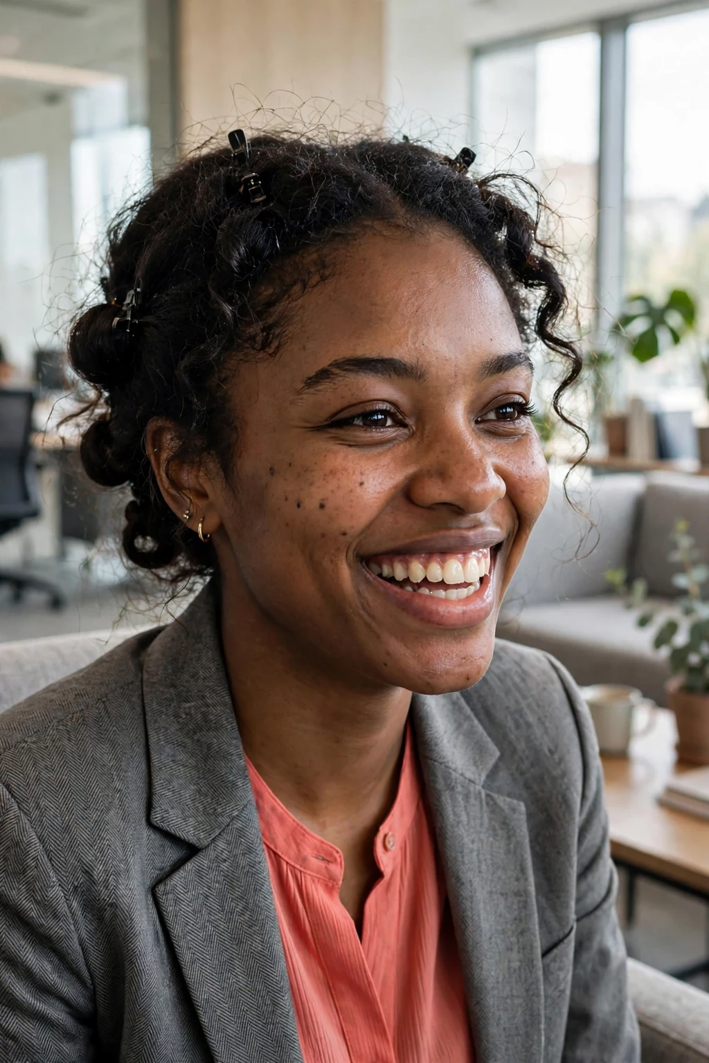 Young professional woman with a natural curls pinned back hairstyle, wearing professional attire in an office setting.