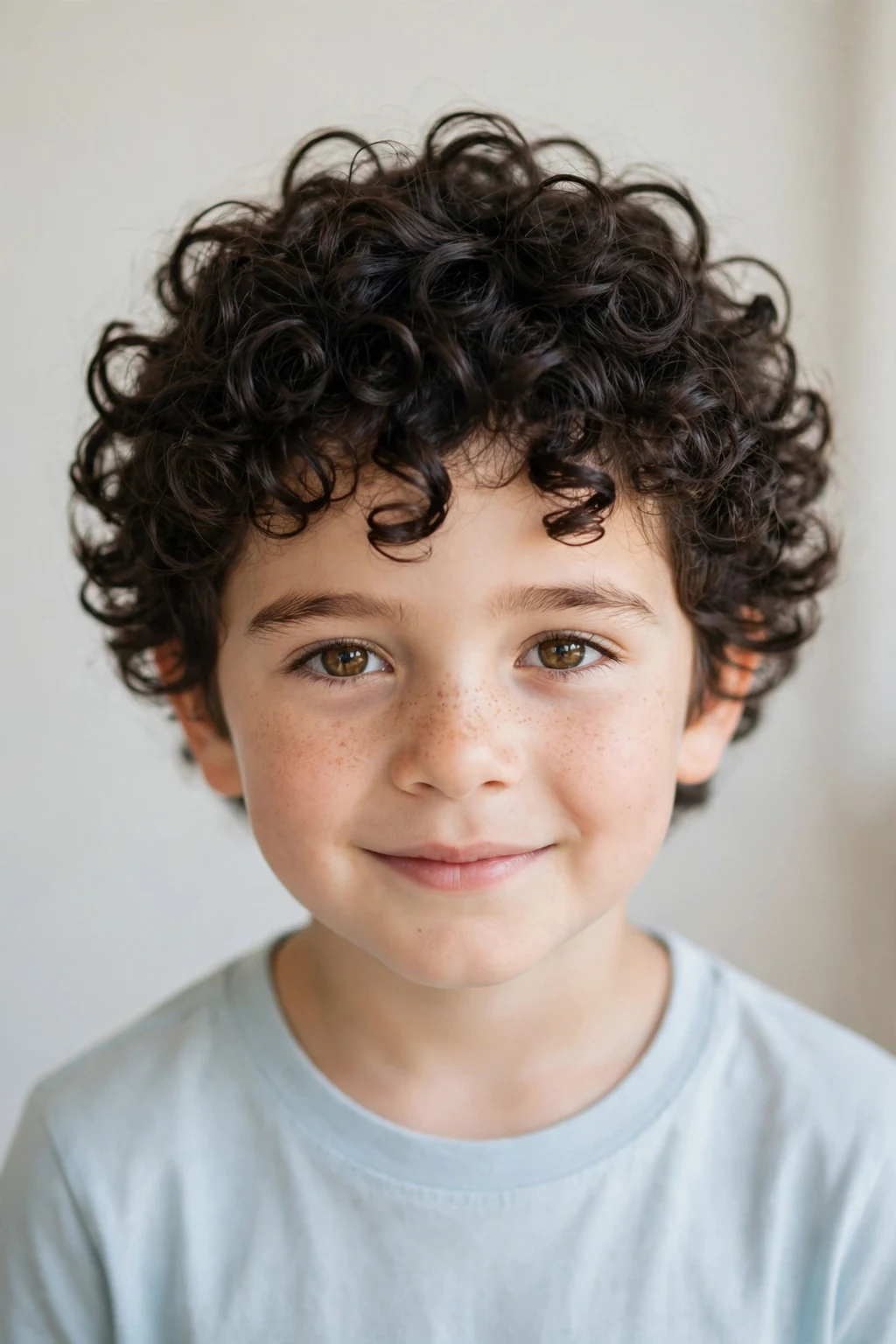 Beautiful boy with natural curly crown, free-formed glorious curls, soft glowing light.