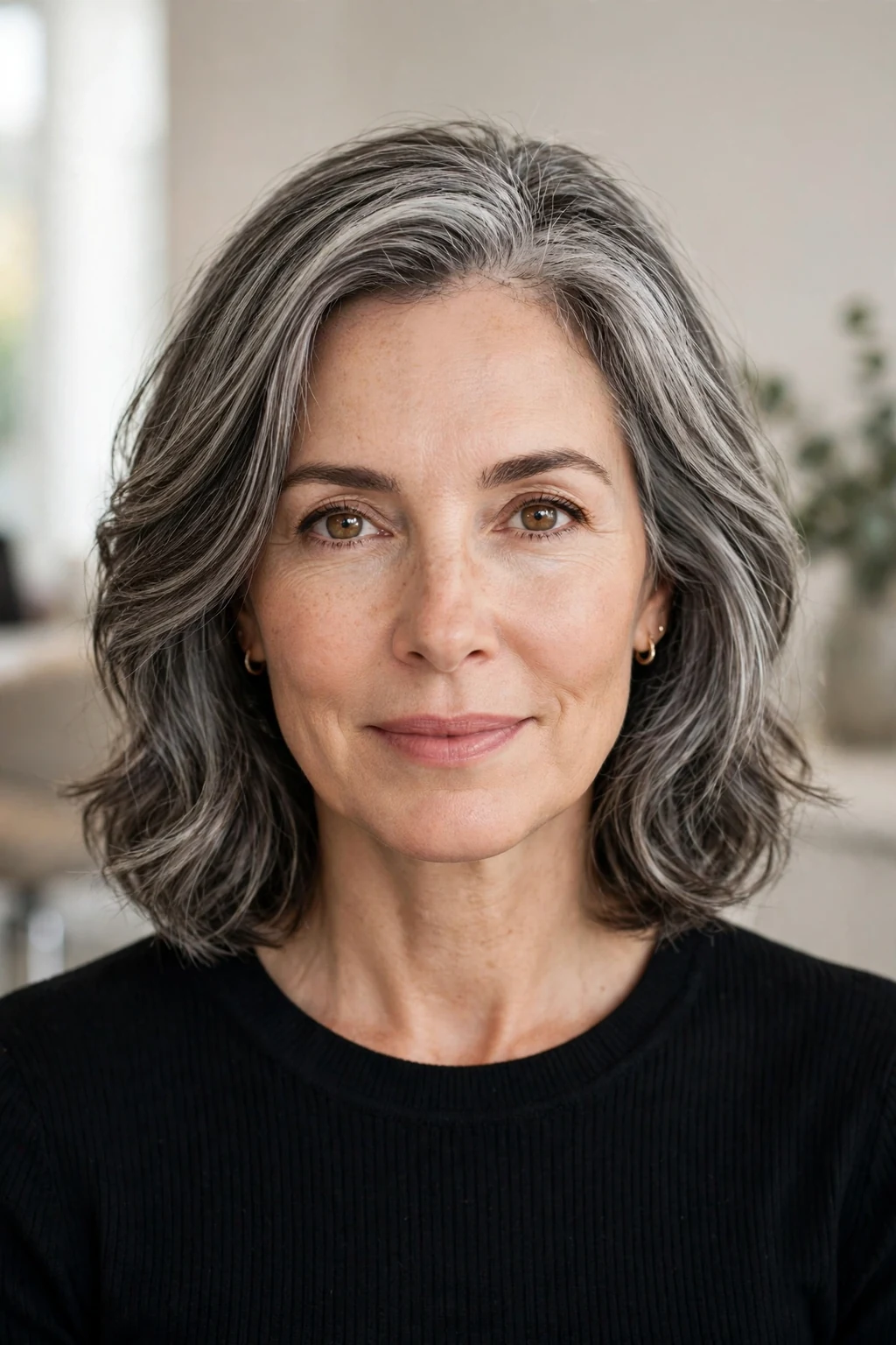 Woman over 40 with gray-blended medium hair, elegant silver dimension, luminous light.