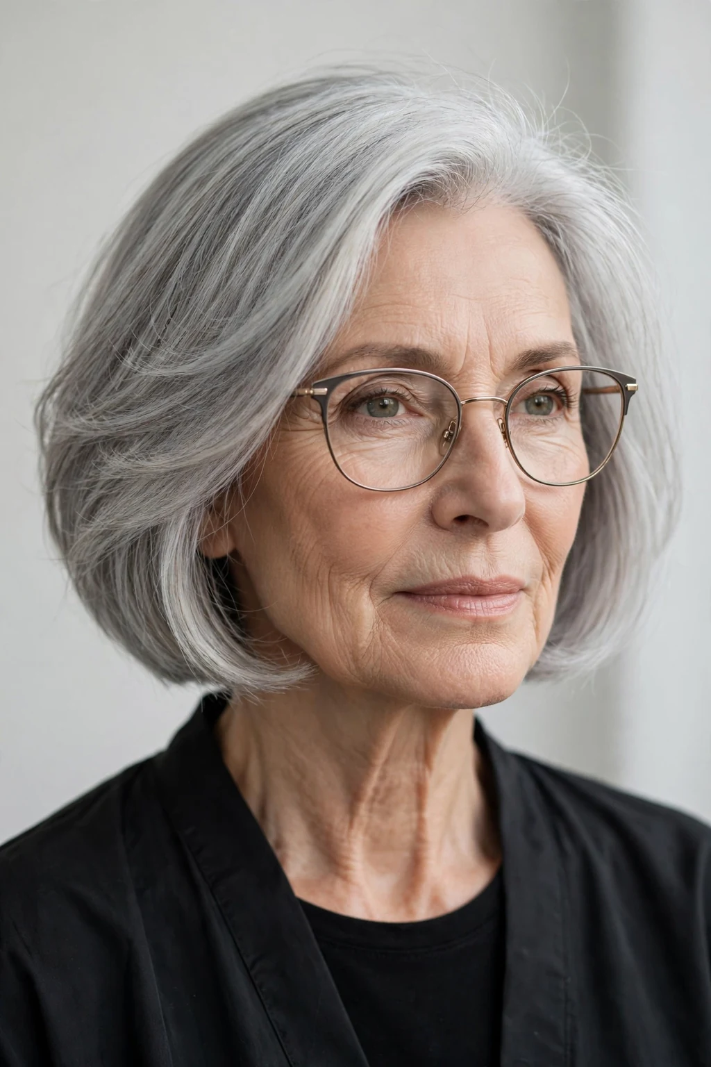 Elegant woman over 60 with glasses and natural gray bob, luminous silver texture, stunning light.