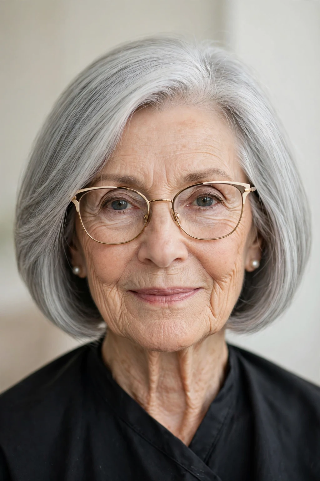 Elegant woman over 70 with glasses and natural gray bob, luminous silver texture, stunning light.